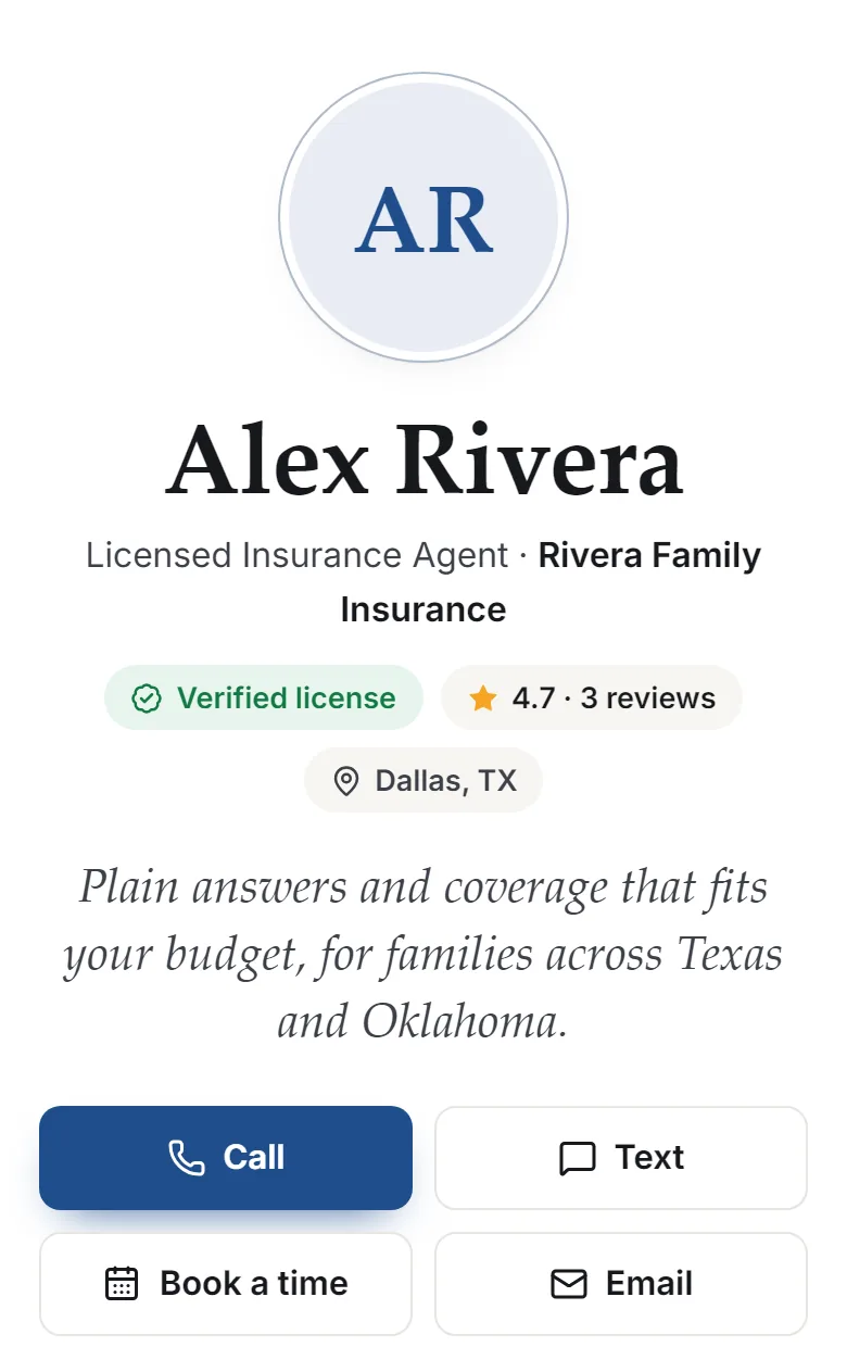 An example agent page on a phone: Alex Rivera, a licensed insurance agent, with a Verified license badge, reviews, and Call, Text and Book a time buttons