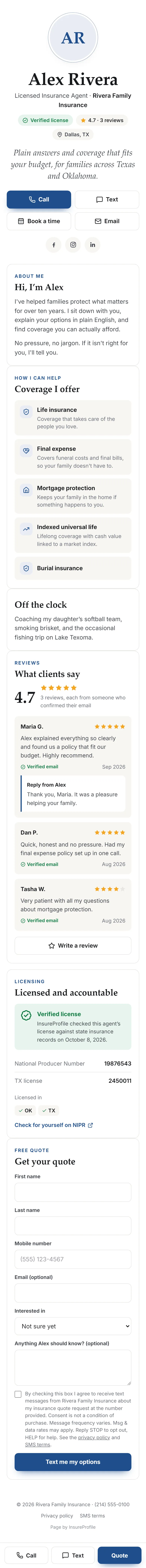 An example agent page: Alex Rivera, a licensed insurance agent in Dallas, with a Verified license badge, Call, Text, Book a time and Email buttons, an about section, the coverage offered, three reviews from confirmed emails, the license and NPN checked against state records, and a quote form
